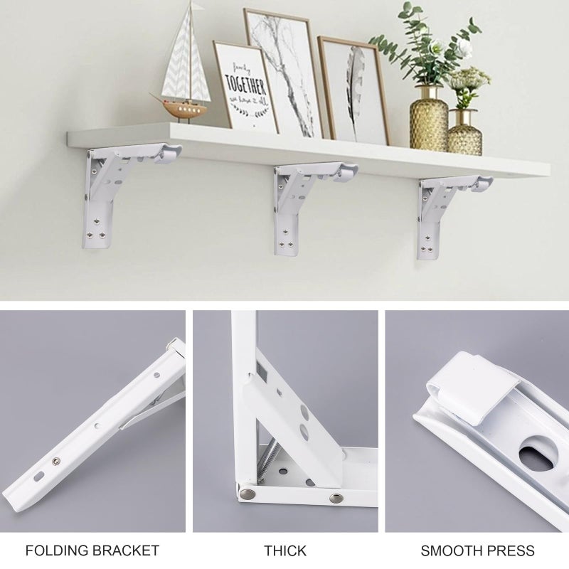 Pxyelec 8 Inch Spring Folding Shelf Bracket Bench Table Heavy Duty L Brackets for Shelves Wall Hanging, Folding Spring Loaded Supports Wall Mount Support, Pack of 4, White - Image 2